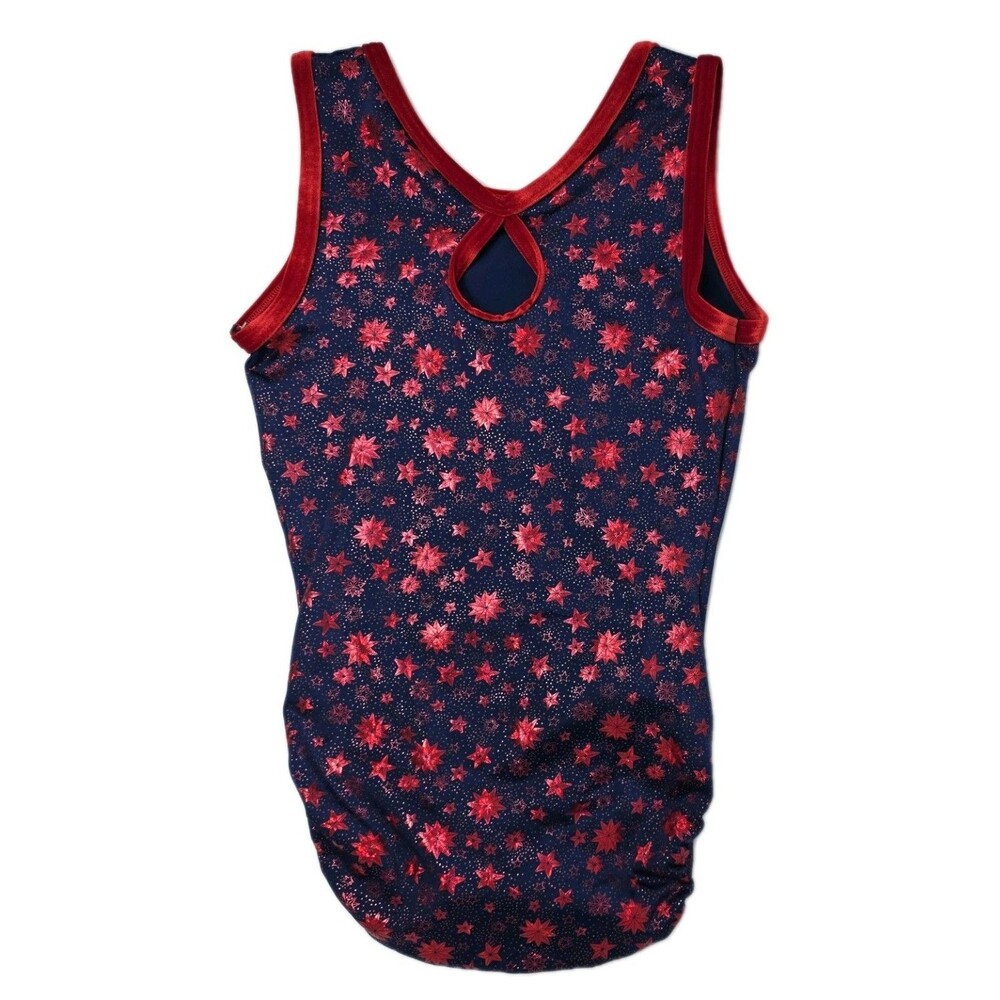 GK Elite VTG Foiled Star Spangled Navy Red Keyhole Tank Leotard Vneck Size AL - Picture 7 of 12